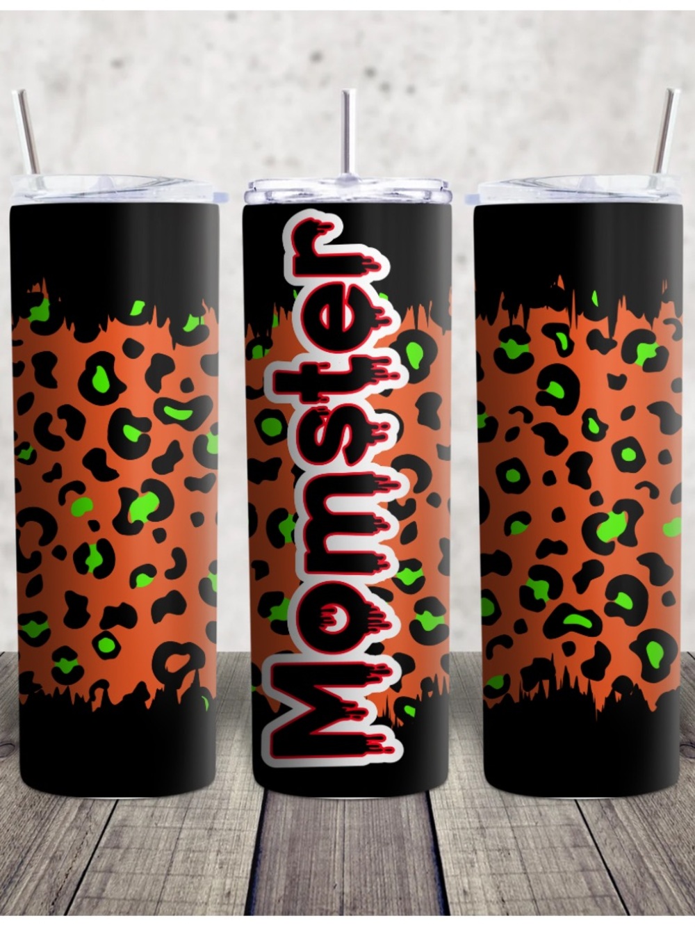 Hand Crafted Orange Momster Leopard Tumbler with Neon Green Accents